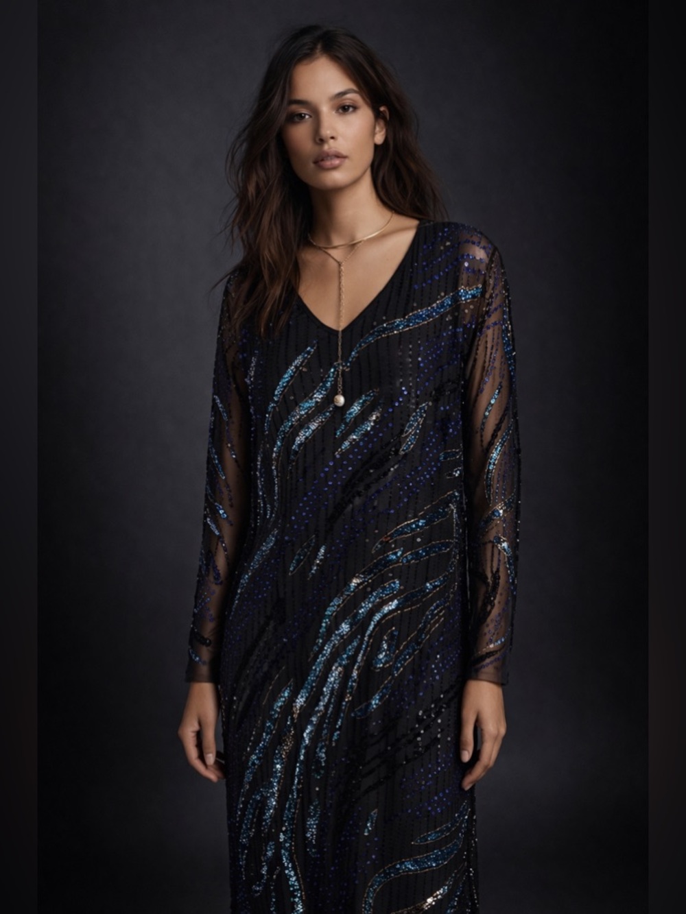 Vintage Beaded Sequin Midi Dress Sheer Sleeve